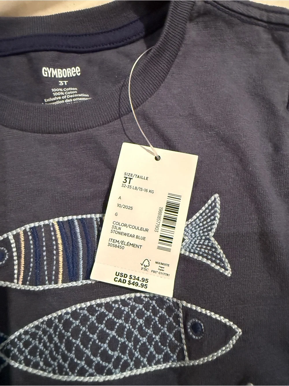 Gymboree Navy Long-Sleeve Layered Tee with Gray Sleeves and Fish Embroidery